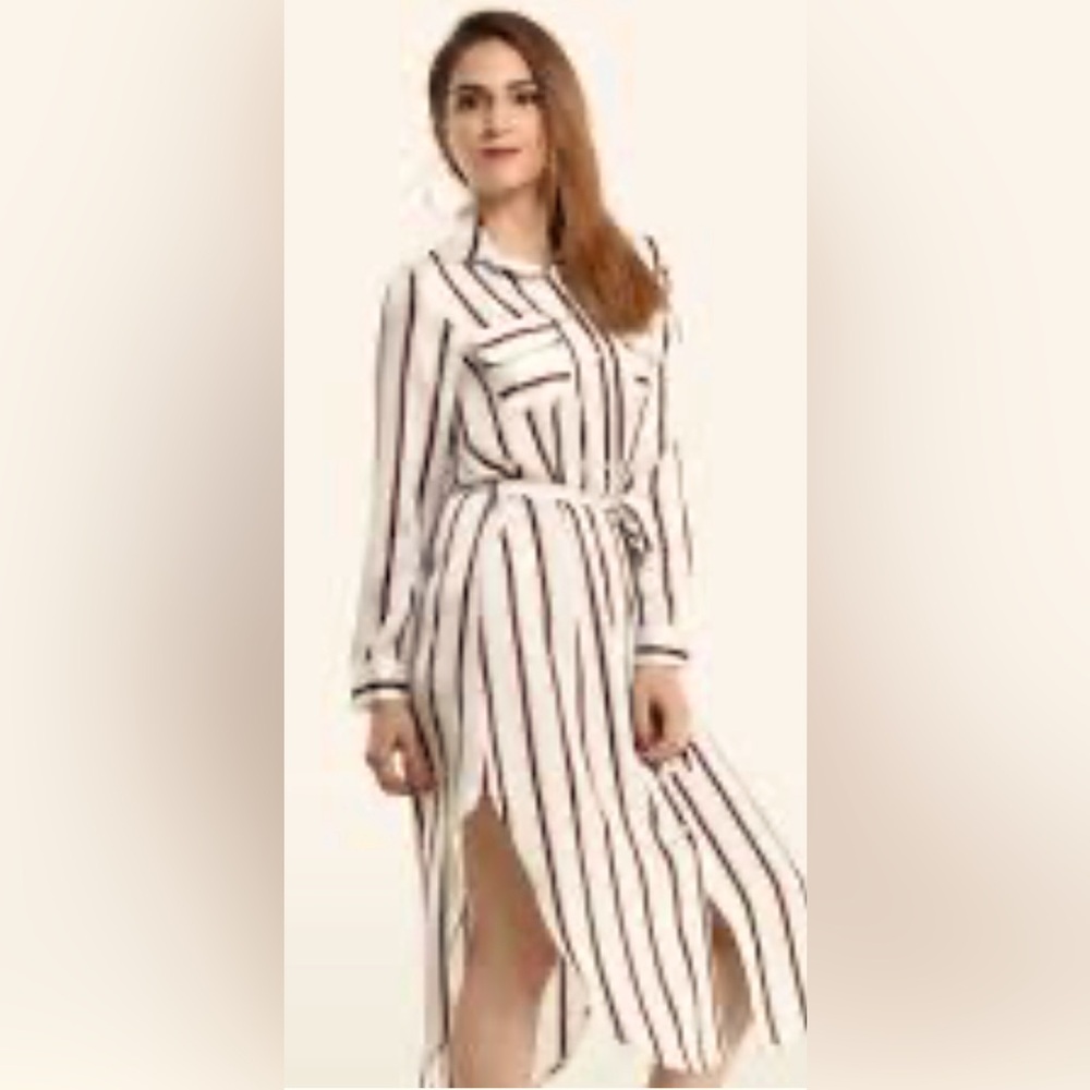 NWT Womens Casual Striped Long Sleeve Shirt Dress Ladies Belt Party Midi Dress